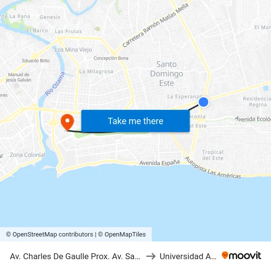 Av. Charles De Gaulle Prox. Av. San Isidro to Universidad APEC map