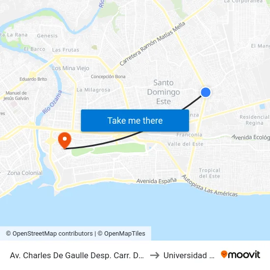 Av. Charles De Gaulle Desp. Carr. De Mendoza to Universidad APEC map