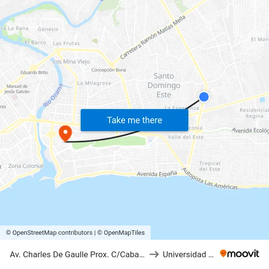 Av. Charles De Gaulle Prox. C/Cabañas Caribe to Universidad APEC map