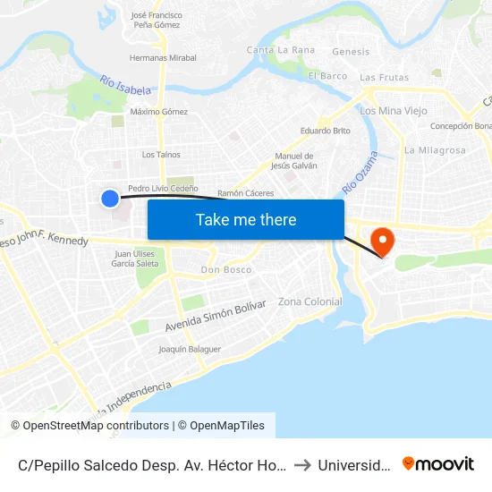 C/Pepillo Salcedo Desp. Av. Héctor Homero Hernández Vargas to Universidad APEC map
