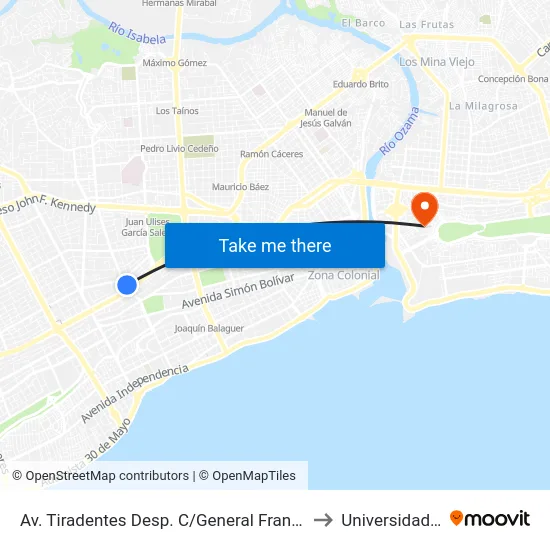 Av. Tiradentes Desp. C/General Frank Félix Miranda to Universidad APEC map