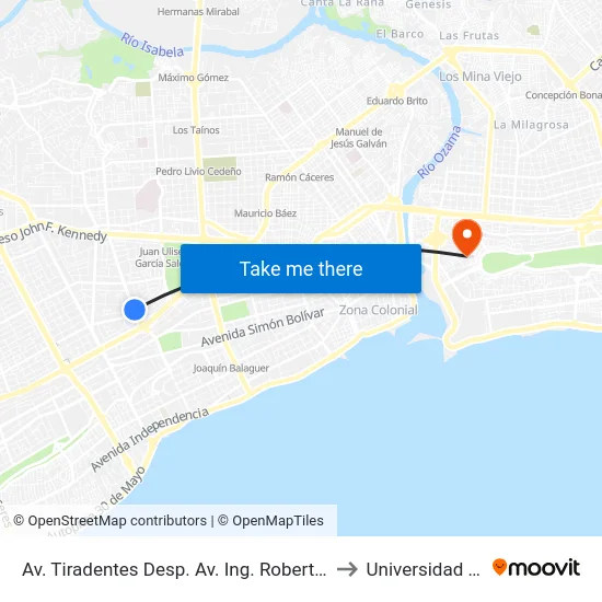 Av. Tiradentes Desp. Av. Ing. Roberto Pastoriza to Universidad APEC map