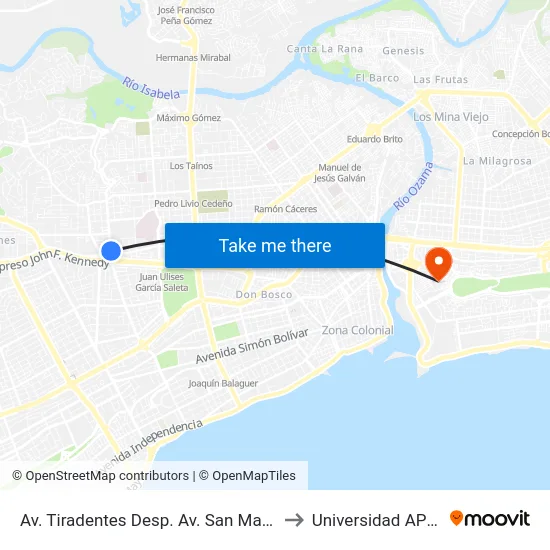 Av. Tiradentes Desp. Av. San Martín to Universidad APEC map