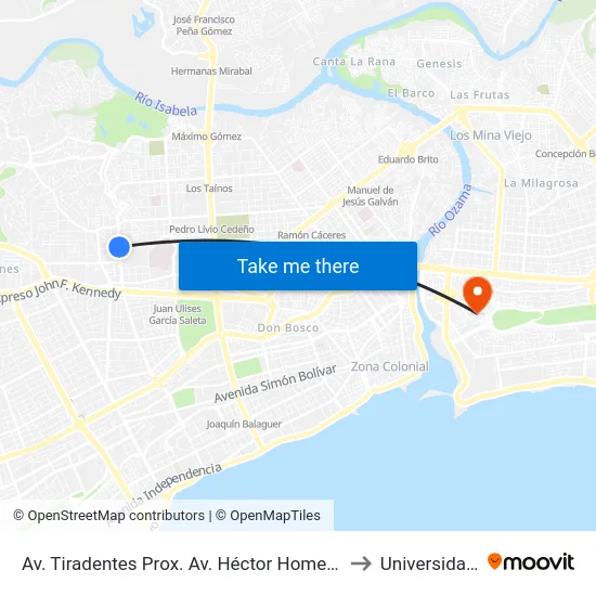Av. Tiradentes Prox. Av. Héctor Homero Hernández Vargas to Universidad APEC map