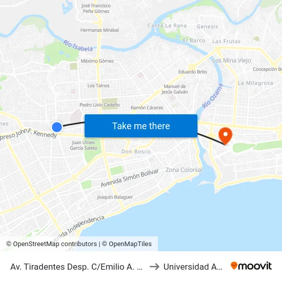 Av. Tiradentes Desp. C/Emilio A. Morel to Universidad APEC map
