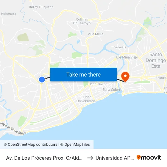 Av. De Los Próceres Prox. C/Aldonza to Universidad APEC map