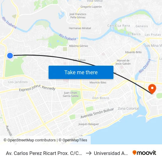 Av. Carlos Perez Ricart Prox. C/Central to Universidad APEC map