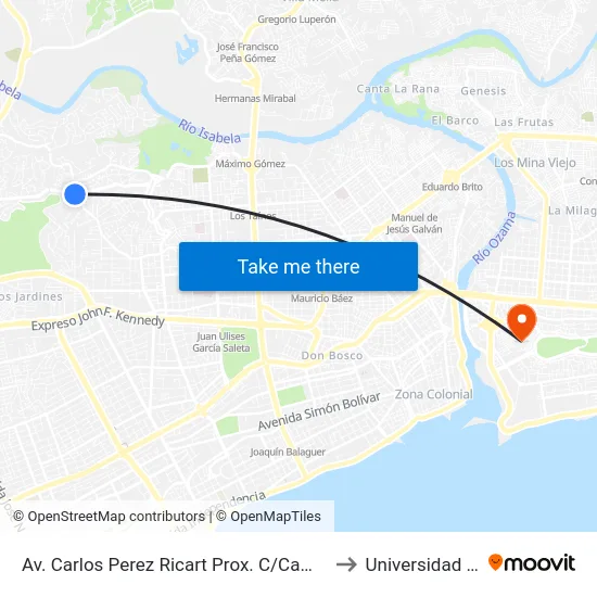Av. Carlos Perez Ricart Prox. C/Camino Chiquito to Universidad APEC map