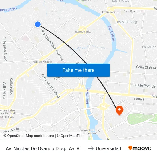 Av. Nicolás De Ovando Desp. Av. Albert Thomas to Universidad APEC map