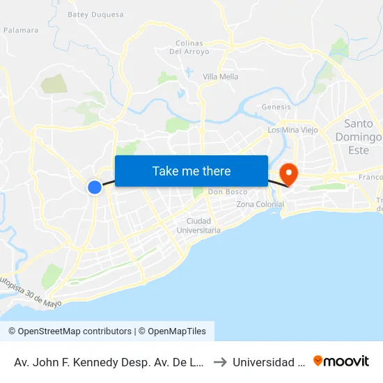 Av. John F. Kennedy Desp. Av. De Los Próceres to Universidad APEC map
