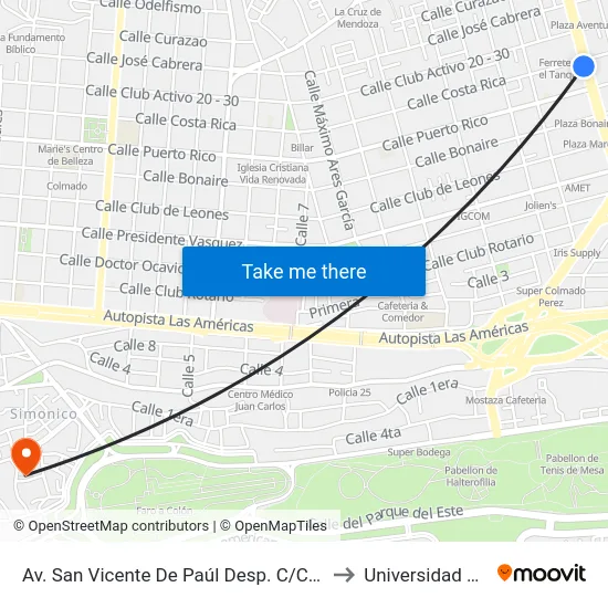 Av. San Vicente De Paúl Desp. C/Costa Rica to Universidad APEC map