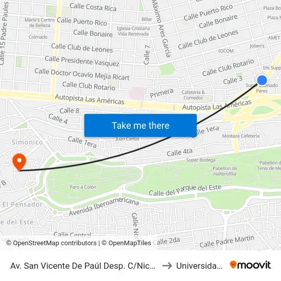 Av. San Vicente De Paúl Desp. C/Nicolas Silfa Canario to Universidad APEC map