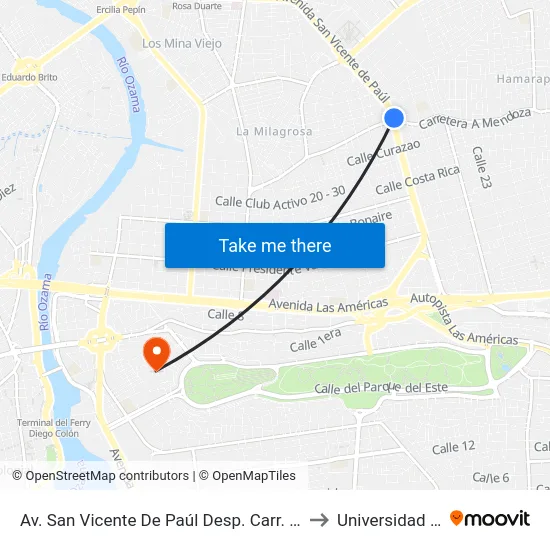 Av. San Vicente De Paúl Desp. Carr. De Mendoza to Universidad APEC map