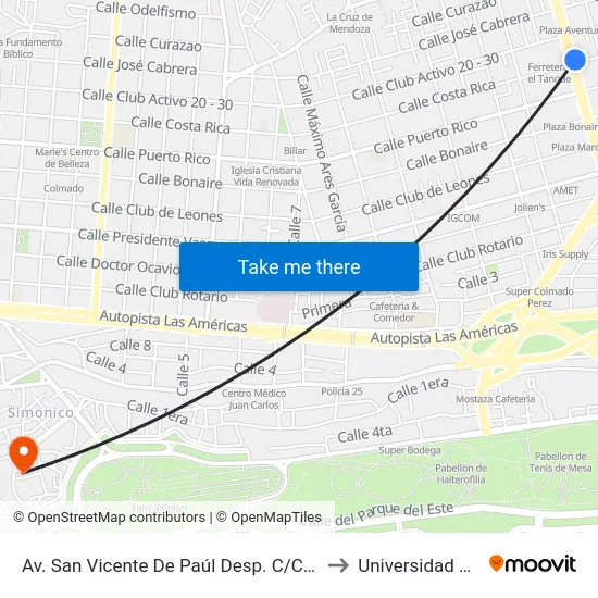 Av. San Vicente De Paúl Desp. C/Costa Rica to Universidad APEC map
