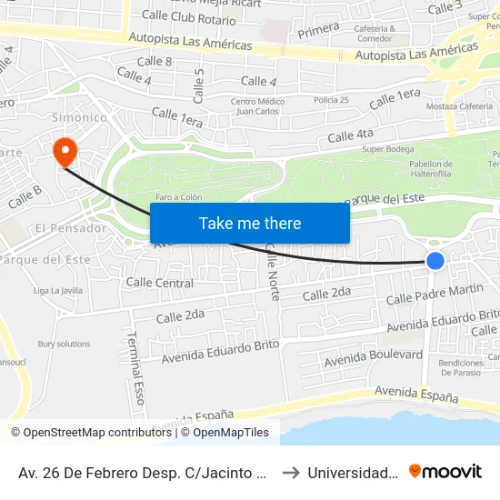 Av. 26 De Febrero Desp. C/Jacinto De Los Santos to Universidad APEC map