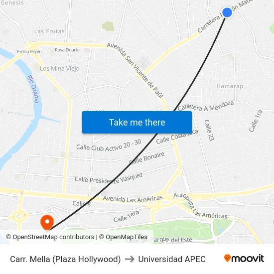 Carr. Mella (Plaza Hollywood) to Universidad APEC map