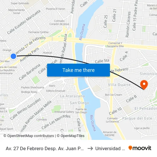 Av. 27 De Febrero Desp. Av. Juan Pablo Duarte to Universidad APEC map