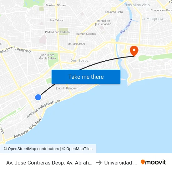 Av. José Contreras Desp. Av. Abraham Lincoln to Universidad APEC map