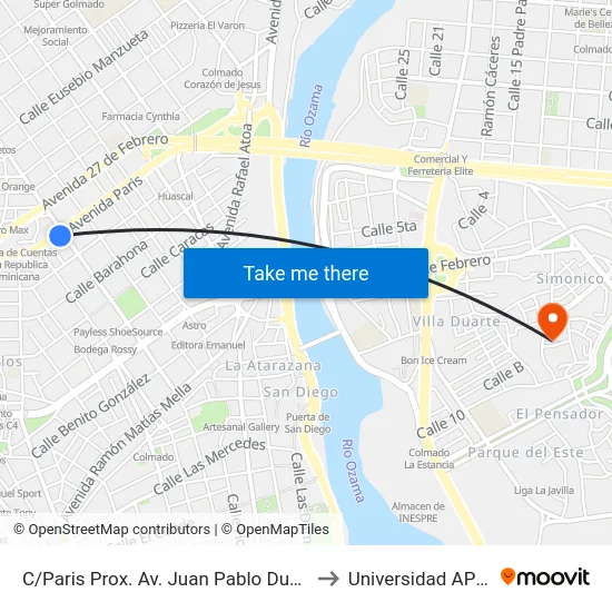 C/Paris Prox. Av. Juan Pablo Duarte to Universidad APEC map