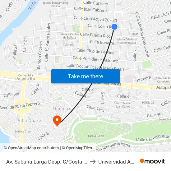 Av. Sabana Larga Desp. C/Costa Rica to Universidad APEC map