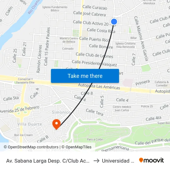 Av. Sabana Larga Desp. C/Club Activo 20-30 to Universidad APEC map