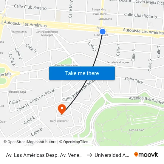 Av. Las Américas Desp. Av. Venezuela to Universidad APEC map