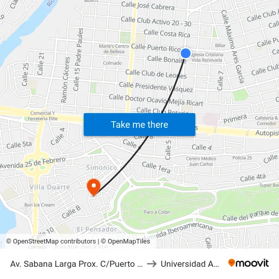 Av. Sabana Larga Prox. C/Puerto Rico to Universidad APEC map