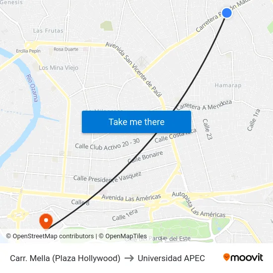 Carr. Mella (Plaza Hollywood) to Universidad APEC map