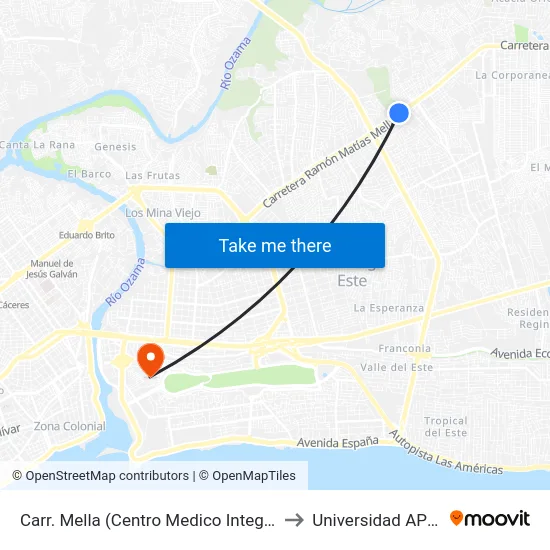 Carr. Mella (Centro Medico Integral) to Universidad APEC map