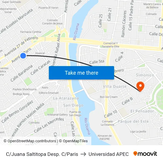 C/Juana Saltitopa Desp. C/Paris to Universidad APEC map