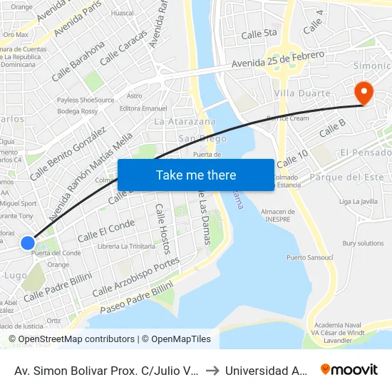 Av. Simon Bolivar Prox. C/Julio Verne to Universidad APEC map