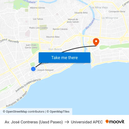 Av. José Contreras (Uasd Paseo) to Universidad APEC map