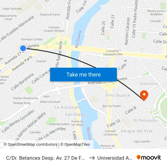 C/Dr. Betances Desp. Av. 27 De Febrero to Universidad APEC map