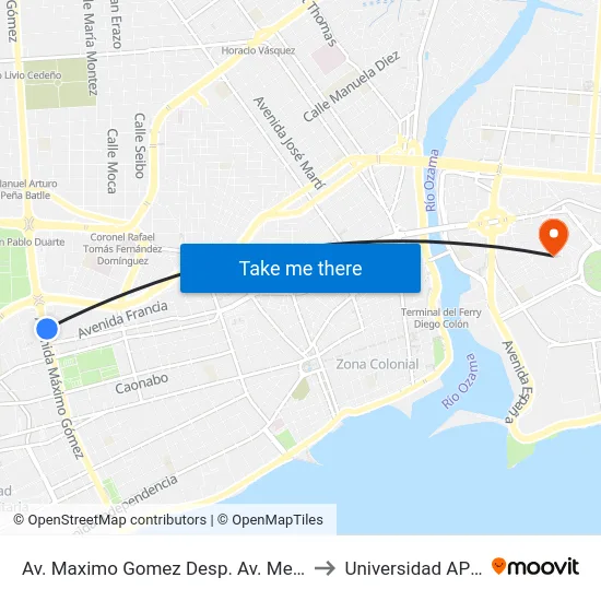 Av. Maximo Gomez Desp. Av. Mexico to Universidad APEC map