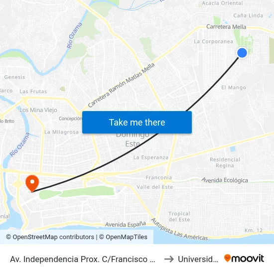 Av. Independencia Prox. C/Francisco Del Rosario Sanchez Oeste to Universidad APEC map