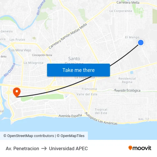 Av. Penetracion to Universidad APEC map