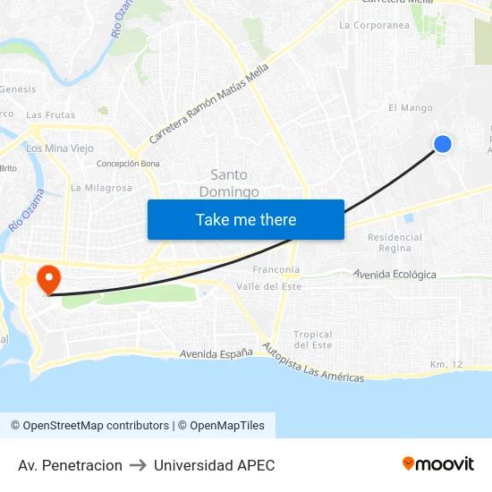 Av. Penetracion to Universidad APEC map