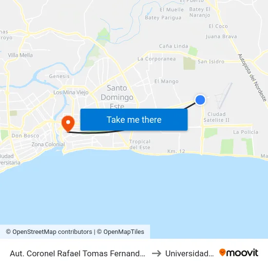Aut. Coronel Rafael Tomas Fernandez Dominguez to Universidad APEC map