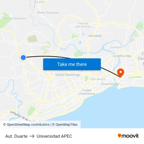 Aut. Duarte to Universidad APEC map
