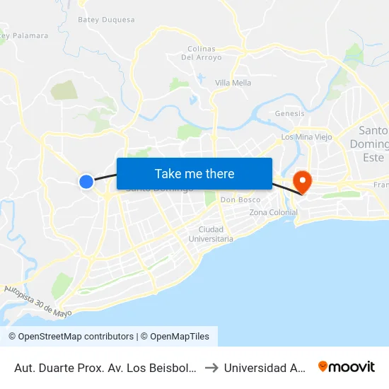 Aut. Duarte Prox. Av. Los Beisbolistas to Universidad APEC map