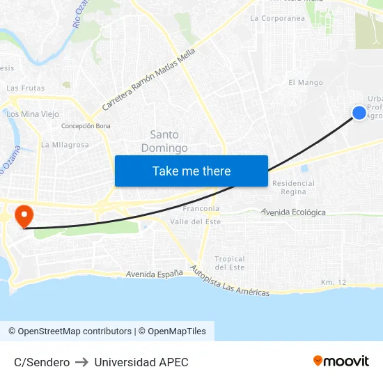 C/Sendero to Universidad APEC map