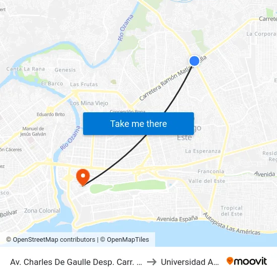 Av. Charles De Gaulle Desp. Carr. Mella to Universidad APEC map