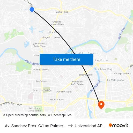 Av. Sanchez Prox. C/Las Palmeras to Universidad APEC map