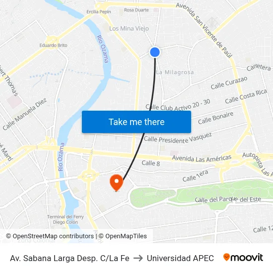 Av. Sabana Larga Desp. C/La Fe to Universidad APEC map