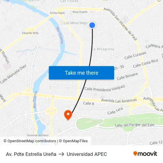 Av. Pdte Estrella Ureña to Universidad APEC map