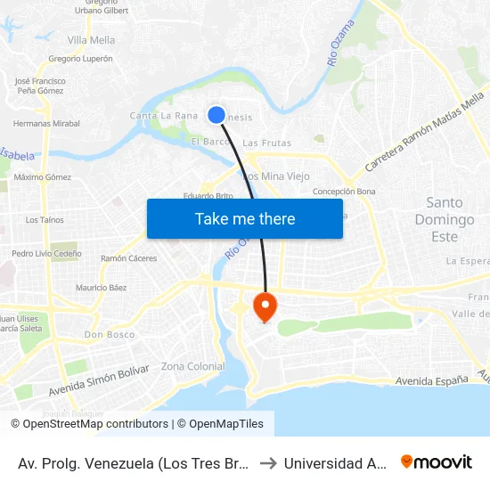 Av. Prolg. Venezuela (Los Tres Brazos) to Universidad APEC map
