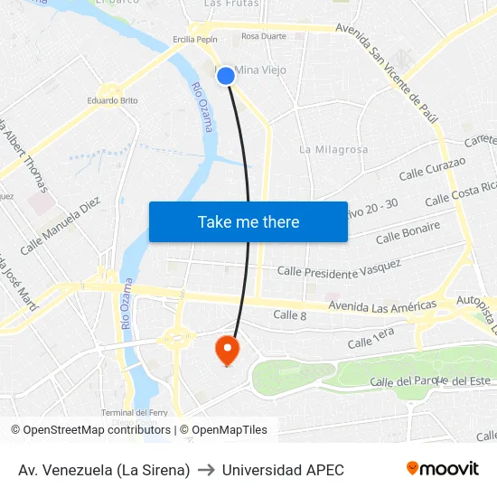 Av. Venezuela (La Sirena) to Universidad APEC map