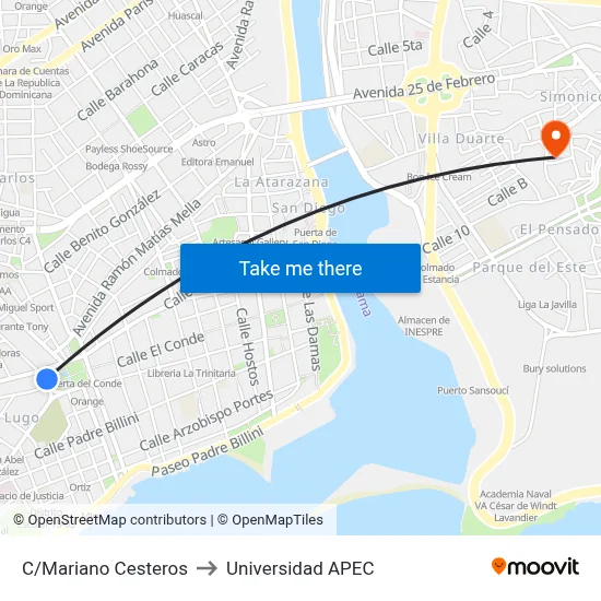 C/Mariano Cesteros to Universidad APEC map