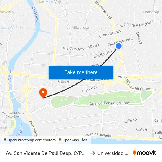 Av. San Vicente De Paúl Desp. C/Puerto Rico to Universidad APEC map