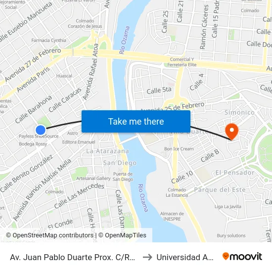 Av. Juan Pablo Duarte Prox. C/Ravelo to Universidad APEC map